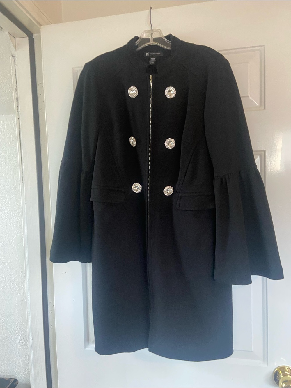 INC International Concepts Black Bell-Sleeve Pea Coat with Rhinestone Buttons